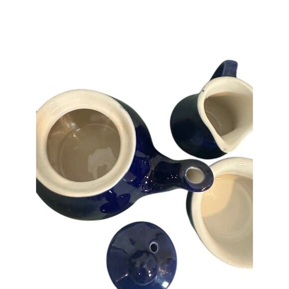 Hall Marine Blue Hot Water Teapot with a Creamer & Sugar Bowl Tea Set VTG - Picture 3 of 8